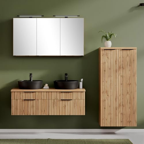 Lomadox Badmöbel Set 3-teilig inkl. Doppelwaschtisch 120cm in Eiche, Fronten gestreift | Aufsatzbecken schwarz, Spiegelschrank mit LED