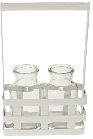 MACOSA HE67700 Glasvasen im Metallkorb Weiß 24 cm Dekovasen Korb Vasen Glas Blumenvasen im Dekokorb Tischdekoration Tischvasen Vasenkörbchen Vasenkorb