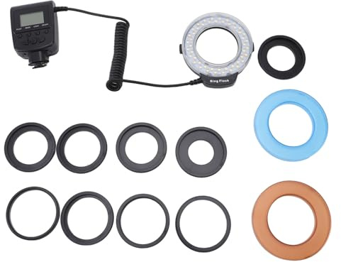 48 Macro LED Flash Light with LCD Display, LED Flash with 9 Adapter Rings and 2 Flash Diffusers for DSLR Cameras, 4 Flash Modes, 3000K-15000K Adjustable