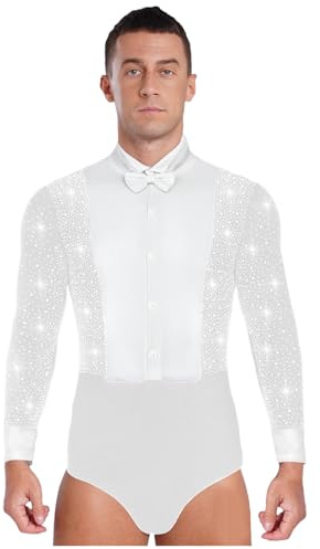 TTAO Herren Langarm Bodysuit Einfarbig Tanz-Body mit Fliege Latein Obeteile Leotard Hemdbody Overalls Party Performance Tanzkostüm Weiß M