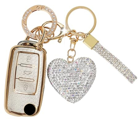 ZVRSUA Autoschlüssel hülle mit Diamant Glitzer Herz Schlüsselanhänger,3 Tasten TPU Schlüsselbox für VW Autoschlüssel Golf Polo Passat Skoda Fabia Leon Ibiza Jetta Beetle Multivan T5(Silber