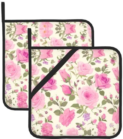 WHJYYXDE Set di 2 presine da cucina, 20,3 x 20,3 cm, isolamento termico, tessuto impermeabile, stampa con rose rosa