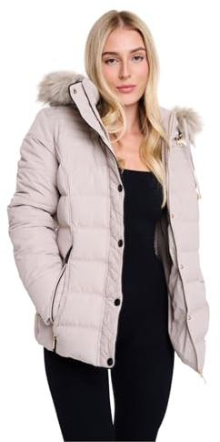 Spindle Womens Ladies Premium Quality Hooded Short Fur Parka Quilted Padded Puffer Coat | Zip Side Pockets | Luxurious Detachable Faux Fur on Hood | Zipped Inner Pocket Grey 14