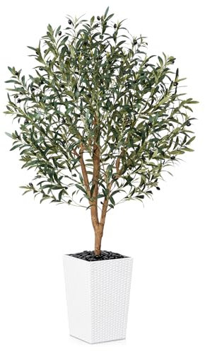 VeriNatural Artificial Olive Tree 150cm Fake Plant - Large Artificial Plants Indoor with Real Wood Trunk & White Tapered Pot with River Pebbles - Decorative Faux Tree for Home, Office & Outdoor, VN133