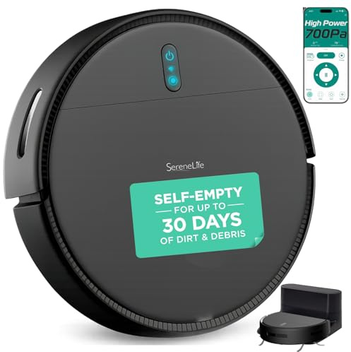 SereneLife Robot Aspirador y fregasuelos, 700 Pa, Control por App, 3 Modos, autorrrecargable, Apto para Pelo de Mascotas, Negro