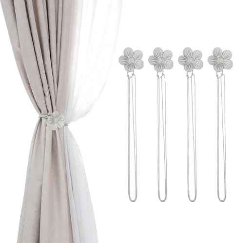 PATIKIL Fermacurtaine Magnetici, 4 Pezzi Fermatende in Resina a Forma di Fiore, Fermatende Vintage con Cordino, Decorazione Magnetica per Tende per Casa, caffè, Ufficio, Grigio