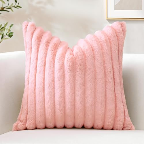 Sungeek Lot de 1 Housse de Coussin 40x40 cm en Fausse Fourrure de Lapin, Housse Coussins Peluche à Rayures Doux Taies d'oreiller en Velours Décoratives pour Lit Canapé Chambre Salon, Rose