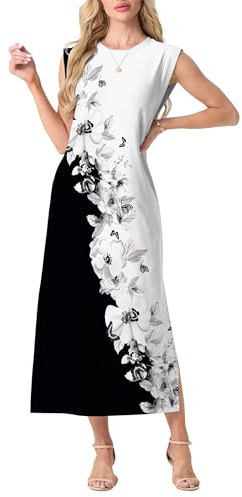GRECERELLE Womens Summer Maxi Long Dress Casual Flower Sleeveless Crew Neck Split Hem Shift Dresses with Pocket for Ladies UK (Black White Azalea, L)