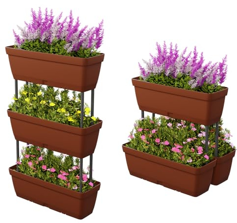 COSTWAY 6 stycken blomlådor, gör-det-själv-design, 49 cm långa, planteringslådor med dräneringssystem, vertikal högbädd, planteringskärl för trädgård, terrass, balkong, blomkrukor av plast (brun)