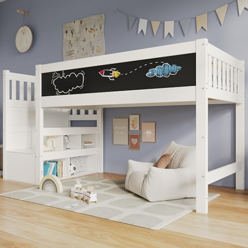 RIAZOS Kinderbett Hochbett 90x200 mit Treppe, Weiss Etagenbett Hochbett mit Whiteboard Tafel und Lattenrost, Stockbett, Holzbett, Bettgestell, Ohne Matratze