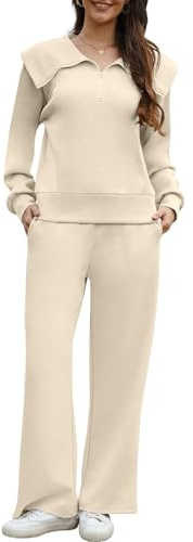 Yutdeng Women's Tracksuit Full Set Soft Two Piece Lounge Outfit Long Sleeve Oversized Half Zip Sweatshirt Pullover Drawstring Wide Leg Trousers Sweatpants Warm Co Ord Sets Casual Loungewear Activewear