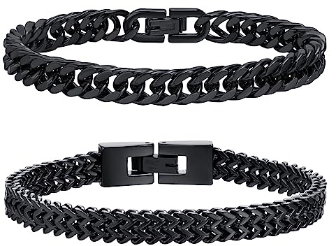 Herren Armband Edelstahl Armbänder Panzerkette - 2 Stücke Silber Schwarz Gold Herrenarmbänder für Männer Jungs Kubanische Armband 8mm Breite 19cm/21cm/23cm Länge Geschenke für Ehemann Papa Sohn Bruder