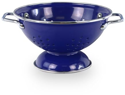 Reston Lloyd, 1 Quart Powder Coated Steel Kitchen Strainer Basket for draining Pasta, Vegetable and Fruit, Chrome Handles and Wide Stable Base, Indigo