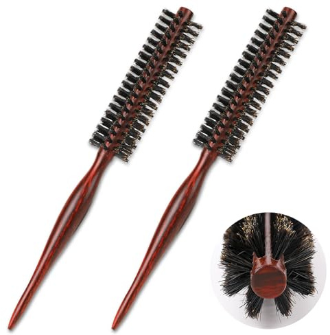 Small Round Hair Brush, 2 Pcs Natural Boar Bristle Blow Drying Brushes with Wood Rat Tail Handle, Professional Teasing Brush Styling Tools for Women's Short, Thin Hair