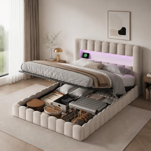 Bubble Bett 140x200 Mit Bettkasten, Polsterbett Doppelbett Mit Hydraulisch Stauraum, Stauraumbett Mit LED Und USB Ladefunktion, Jugendbett Bettgestell Mit Lattenrost, Leinen, Ohne Matratze, Beige