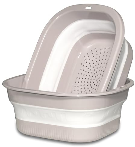 Cemome Collapsible Dish Basin with Colander, Foldable 2-in-1 Dish Pan and Strainer Set with Drain Holes, Portable Wash Basin for Kitchen Sink, Camping, Travel & RV (Pink)