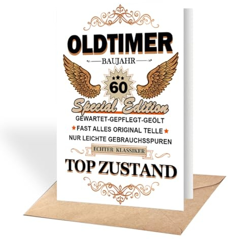 VOYANTE Geburtstagskarte 60 Mann, Oldtimer 60 Baujahr Lustige Geburtstagskarte mit Umschlag, Geschenk zum 60 Geburtstag Mann, Karte Geburtstagsgeschenk für männer