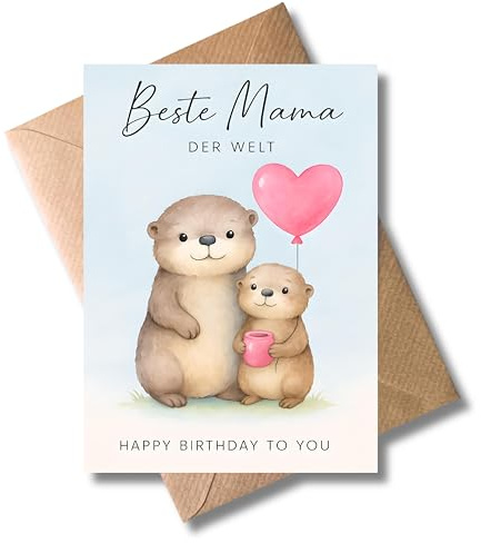 WBdesignz Süße Geburtstagskarte „Beste Mama der Welt“ mit Umschlag - mit Otter-Mama & Baby, rosa Herzballon & Kaffeebecher - Herzliche Glückwunschkarte für Mutter zum Geburtstag (DIN A6)