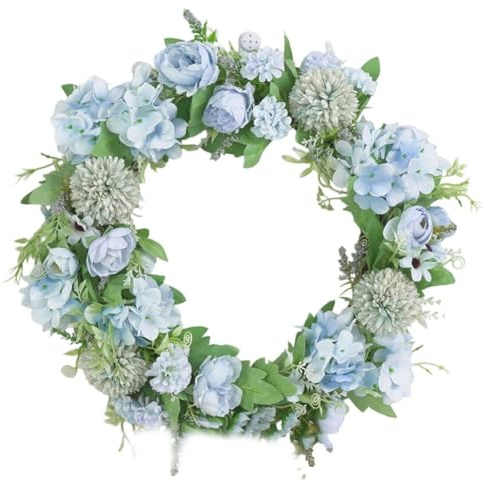 Gettimore Ghirlanda artificiale di peonie e ortensie rosa da 40 cm, decorazione per porta o parete, viola blu verde, base a vite da 40 cm, composizione floreale lago di acqua blu