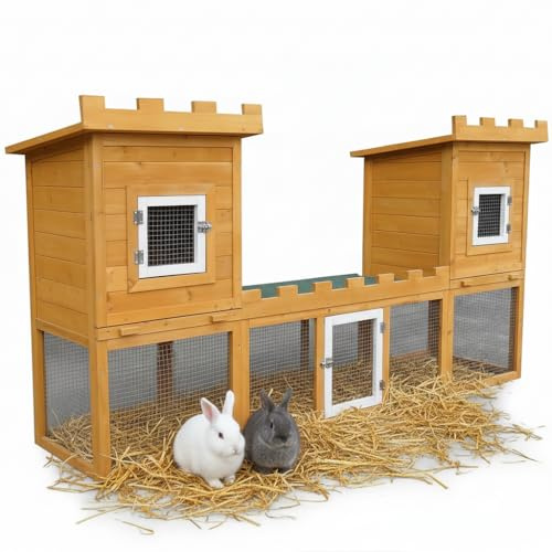 Mucola Kaninchenstall Hasenstall XXL 2 Etagen mit Freilauf 192x50x100 cm | Massivholz, wetterfestes Dach, herausnehmbarer Edelstahl-Einschub, 2 Gittertüren, Meerschweinchen, Hühner, Braun, Hasenkäfig