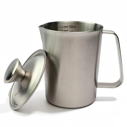 TIANLIN Pentolino Latte 500 ml, Bollilatte Acciaio Inox Doppia Scala, Bricco Latte con Coperchio, Professionale Brocca in Schiuma con Manico, per Lattes, Succo, Caffè