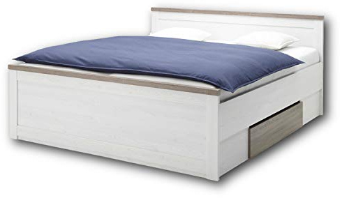 LUCA Doppelbett Landhausstil Pinie Weiß Trüffel 186 x 91 x 205 cm (B/H/T) | Bett mit 180 x 200 cm Liegefläche, 2 integrierte Bettkästen für Stauraum, geeignet für das Schlafzimmer, Landhaus