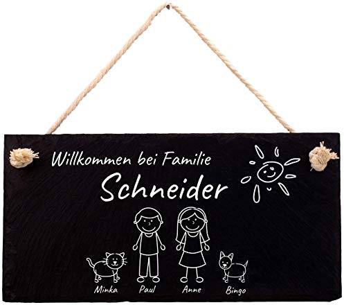 Türschild mit Gravur aus Schiefer, Willkommen bei Familie, Willkommensschild für die Wohnung mit Wunschnamen, personalisiertes Namensschild auf Schiefertafel mit Kordel für Deine Haustür