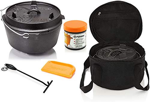 Petromax Feuertopf Starterset FT4.5-t (Dutch Oven Planer Boden) inkl. Deckelheber + Tasche + Pflegepaste + Schaber