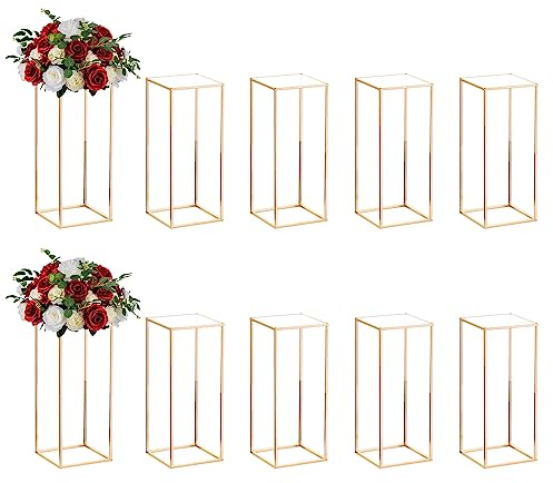 Nuptio 10 Piezas Centros Mesa Boda Jarrones Oro 60cm Alto Soporte Flores Columna Jarrón Piso Metal Soportes Geométricos Centro Mesa Estante Exhibición Rectangular para Decoración Bodas y Fiestas