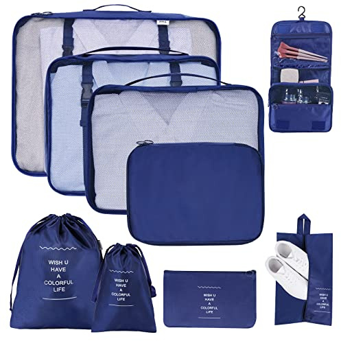TAMOWA Organisateur de Voyage, Lot de 9 Organiseurs de Bagage pour Voyage, Sacs Rangement de Valise Voyage, Packing Cubes pour Les Vêtements, Chaussures et Cosmétiques, Bleu Foncé