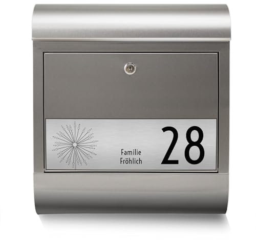 banjado Edelstahl Briefkasten personalisiert mit Namensschild in Silber - Wandbriefkasten aus Edelstahl - Postkasten mit Hausnummer, Namen & Motiv Kugelfontänen - Briefkasten mit Zeitungsfach