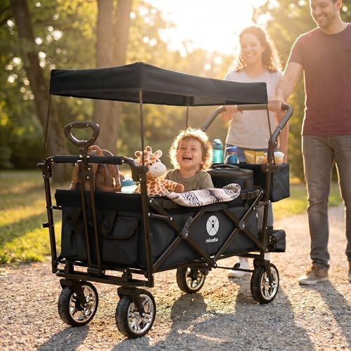 Miweba Faltbarer Bollerwagen MB-20 (Schwarz) | Sonnendach UV-beständig | 2x Anschnallgurte | Feststellbremse | Transportwagen für Kinder | Traglast 100 kg | Wagen