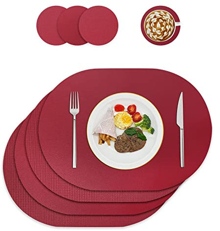 WAKOSAN Lot de 4 sets de table et dessous de verre en cuir lavables, lavables, décoration de table, ronds pour cuisine, table à manger (ovales, rouge vin)