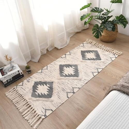 JaeMoose Böhmischer Küchenteppich, marokkanischer Baumwollteppich, Boho-Stil, mit Fransen, waschbar, grau, 60x130 cm