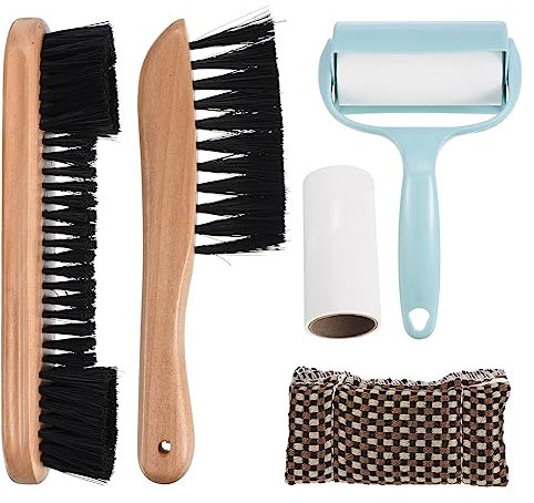PATIKIL Pool Table Cleaning Brush Set, Billiards Table Brush Rail Brush Cue Cleaning Cloth Sticky Lint Roller & Spare Core Pool Table Clean Kit, Wooden Color