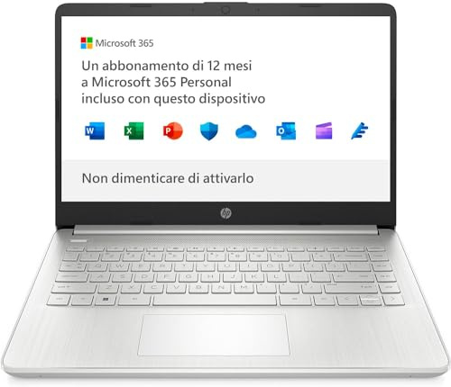 HP Laptop 14s-dq0005sl, Intel Celeron N4120, RAM 4GB DDR4, SSD 128GB SATA 3 TLC M.2, Scheda Intel UHD 600, Display 14” FHD, Antiriflesso, Wi-Fi, Bluetooth 4.2, Windows 11 S, Microsoft 365, Argento