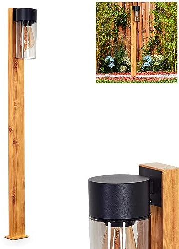 Außenwegeleuchte Tabary, moderne Sockelleuchte aus Holz/Metall/Glas in Natur/Schwarz/Rauchfarben, Wegeleuchte 100 cm, Gartenlampe, Gartenbeleuchtung IP44, 1 x E27, ohne Leuchtmittel