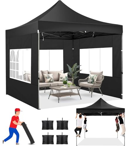 COBIZI 10x10 Pop-up Pavillon mit 4 Seitenwänden, Robustes Partyzelt für den Außenbereich, einfacher Aufbau, 100% wasserdichtes Hochzeitszelt 3 Fach höhenverstellbar mit Tragetasche auf Rollen,Schwarz