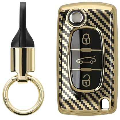 kwmobile Autoschlüssel Hülle kompatibel mit Peugeot Citroen 3-Tasten Autoschlüssel Hülle - Schlüsselhülle mit Key Ring Anhänger - Cover Gold Schwarz