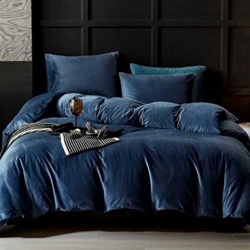 WARMDERN Navy Flannel Velvet Duvet Cover King Size Duvet Cover Bedding Sets, 3pcs Ultra Soft Luxury Textured Modern Crystal Velvet Duvet Covers with Zipper Closure(Navy, King)