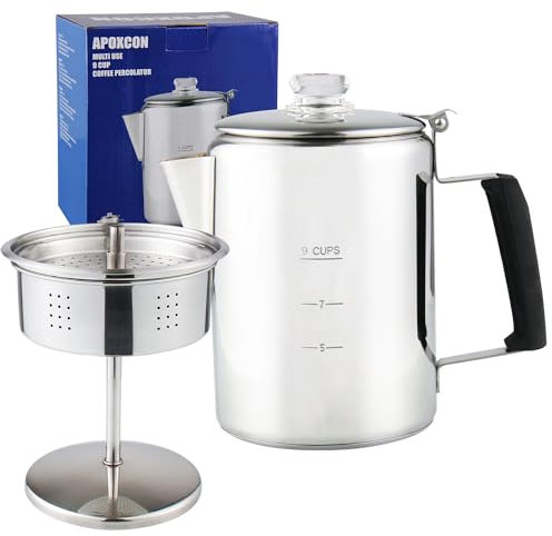 APOXCON Stainless Steel Coffee Percolator Stove Top Coffee Maker with Heat Resistant Tough Glass Lid and Silica Handle, Camping Coffee Pot Using on Campfire - 9 Cups