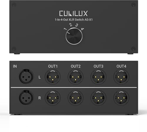 Cubilux AS-X1 XLR Umschalter, 1 Eingang 4 Ausgänge, passiv | XLR Switch Box AS-X1 mit einem Eingang und vier Ausgängen, passiver Balanced Wahlschalter für Mikrofon und Mischpult