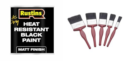 RUSTINS Heat Resistant Black Paint 500ml & Fit For The Job 5 pc Mixed Sizes Paint Brush Set for a Smooth Finish with Emulsion, Gloss