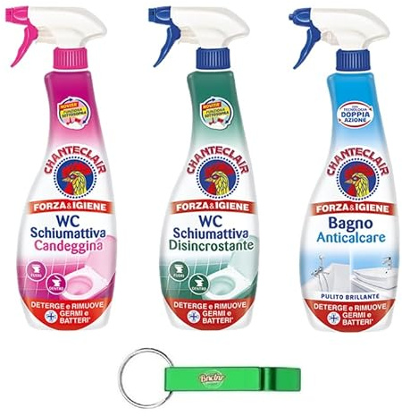 Chanteclair - 3 confezioni di test per WC con schiuma detergente Candeggina + disincrostante + Bagno - Detergente per WC con detergente spray candeggina da 625 ml + portachiavi Beni Culinari gratuito