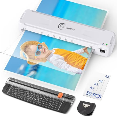Laminiergerät A3, Laminiergerät mit 30 Stück Laminierfolien für A3/A4/A5/A6, 6-in-1 Heiß und Kalt Laminiergerat Set mit Papierschneider und Eckrunde für den Heimgebrauch, Büro, Schule und Restaurant