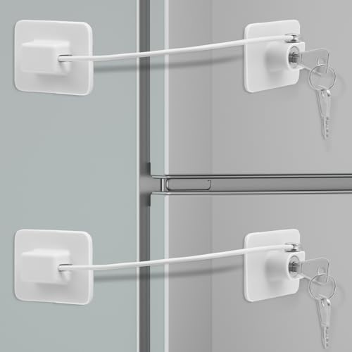 KOVOSCH 2 Stück Kühlschrank Schloss,Fensterschlösser,Schrankschlösser,Fensterschlösser Für Kindersicherheit,Ohne Bohren,Kühlschrankschlösser Mit Schlüssel,Babyschrank Sicherheitsschloss,Weiß