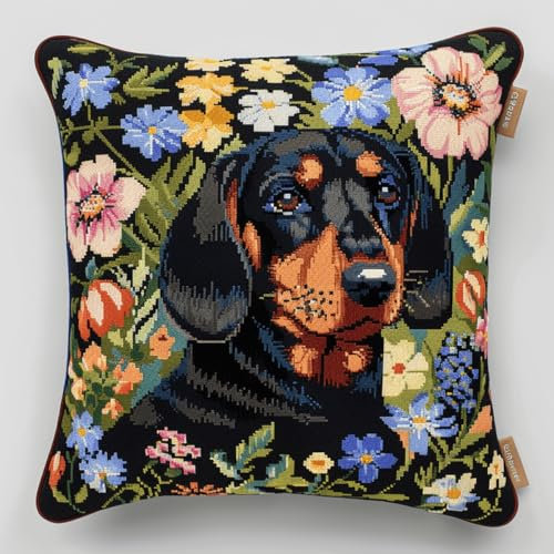 RKFLGEW DIY knüpfen set kissen Dackel Tier knüpfhaken set Hund und Blumen DIY-Kissenbezug，Häkelgarn，Nadel，Basteln，handgefertigtes Kissen für Zuhause，Sofa-Dekoration 43x43cm