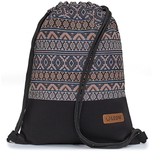 By Bers Leon großer Premium Turnbeutel mit Innentaschen Rucksack Tasche Damen Herren Teenager Gym Bag Draw String 45x34cm für Sport Reise Alltag Einkauf (TB_Boho_Schwarz_010)