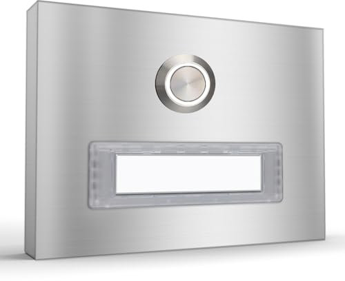 Tomtec Aufputz Türklingel Edelstahl Namensschild 110 x 80 mm Pluto1 - Klingel außen, Klingeltaster kabelgebunden, Haustür Klingelschild selbstbeschriften, Klingelknopf, Haustürklingel (Edelstahl)