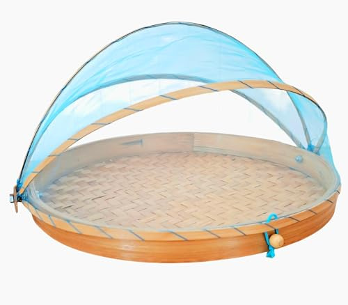 Générique Cloche à Fromage Fruit en Bambou,Garde Manger,Corbeille Plateau Fromage avec Filet Bleu Turquoise Naturel protège Aliments Corbeille à Pain, 35 cm